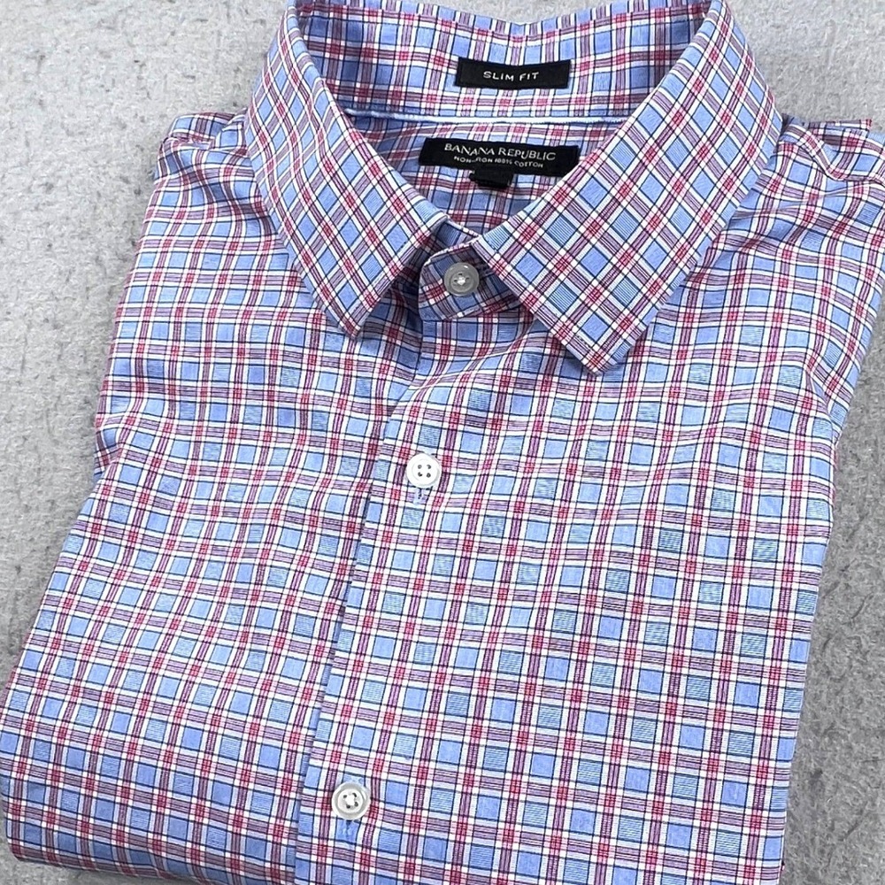 Banana‎ Republic Mens XL Slim Fit Non-Iron Cotton Plaid Button Up Shirt Blue Red